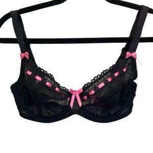 Black and Pink Underwire Bra with Lace Trim